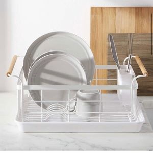 Yamazaki Tosca White Dish Rack with Wood Handles